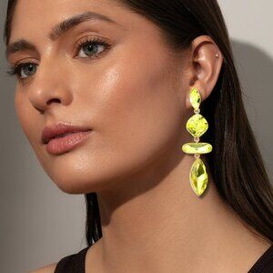 Sunny Yellow Crystal Bling Glam Tiered Drop Statement Earrings NEW